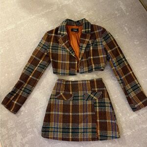 Cider Brown Plaid Cropped Jacket and Skirt Set